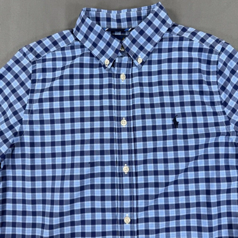 Polo Ralph Lauren Boys L 14-16 Performance Blue Plaid Long Sleeve Button Down